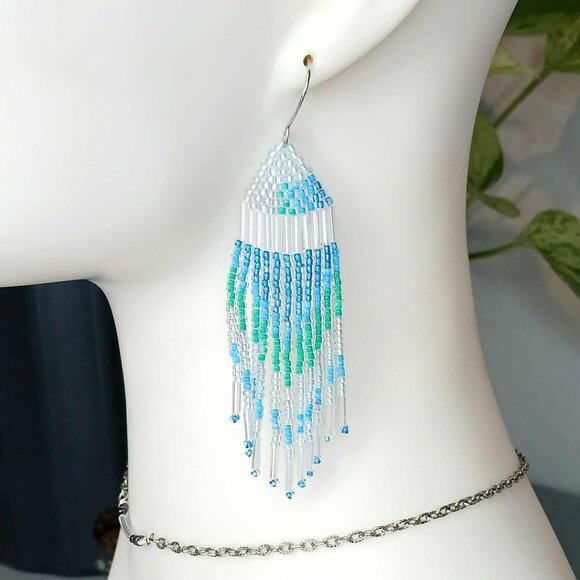 Boho Beaded Fringe Dangle Earrings, Seed Bead Jewelry, Blue & Green, 3.5" - Picture 1 of 8